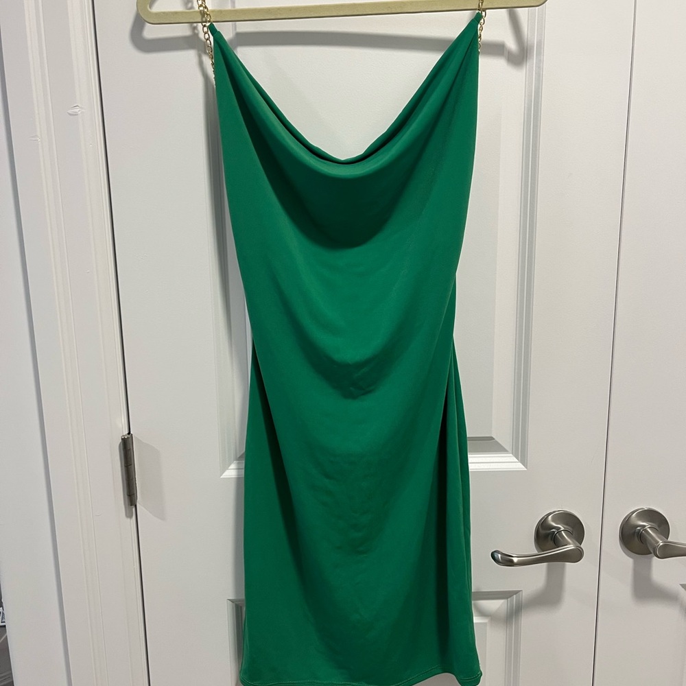 Green Draped Dress with Chain Straps